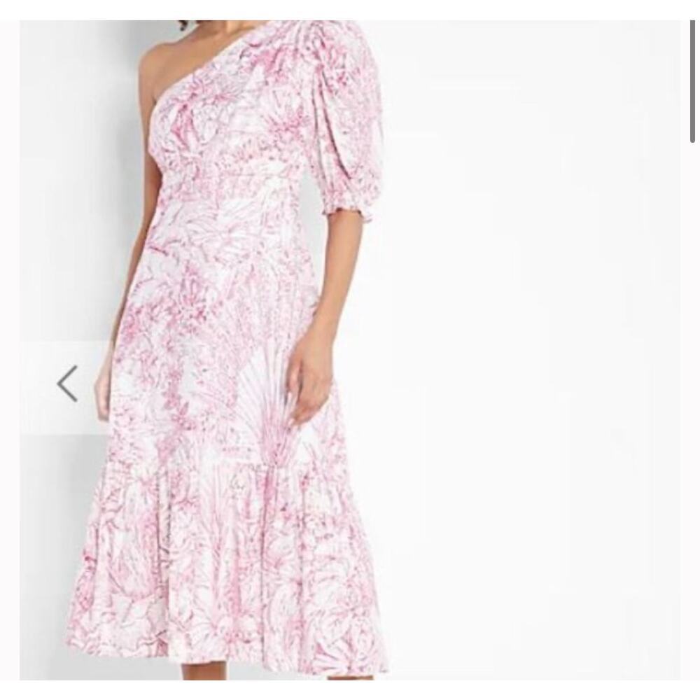 Express Pink & White Puff One Shoulder Floral Spring Midi Tired Dress Sz S